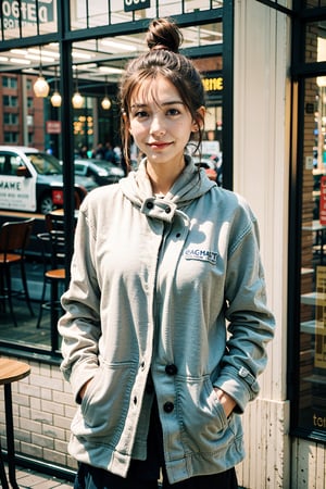 best quality, masterpiece, (photorealistic:1.4), 1girl, hairbun, long_sleeve, hoodie, coat, cold, scarf, skirts,outdoor, cafe, (happy:0.88), blue bottle, 