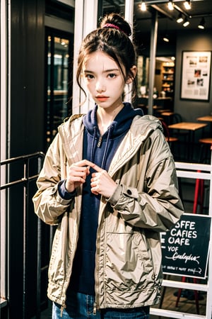 best quality, masterpiece, (photorealistic:1.4), 1girl, hairbun, long_sleeve, hoodie, coat, cold, scarf, skirts,outdoor, cafe, (happy:0.88), 