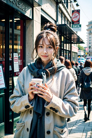 best quality, masterpiece, (photorealistic:1.4), 1girl, hairbun, long_sleeve, hoodie, coat, cold, scarf, skirts,outdoor, cafe, (happy:0.88), 