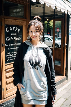 best quality, masterpiece, (photorealistic:1.4), 1girl, hairbun, short sleeve, hoodie, coat, skirts,outdoor, cafe, (happy:0.88), 