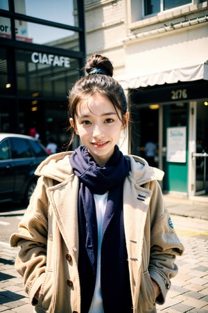 best quality, masterpiece, (photorealistic:1.4), 1girl, hairbun, long_sleeve, hoodie, coat, cold, scarf, skirts,outdoor, cafe, (happy:0.88), blue bottle, Chicago city