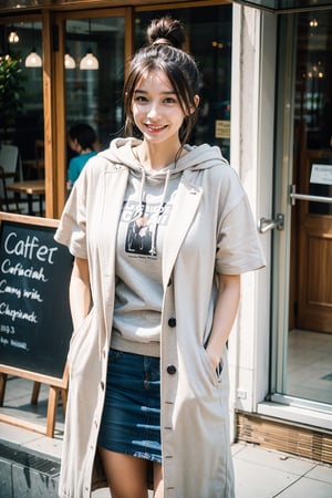 best quality, masterpiece, (photorealistic:1.4), 1girl, hairbun, short sleeve, hoodie, coat, skirts,outdoor, cafe, (happy:0.88), 