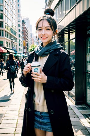 best quality, masterpiece, (photorealistic:1.4), 1girl, hairbun, long_sleeve, hoodie, coat, cold, scarf, skirts,outdoor, cafe, (happy:0.88), blue bottle, chicago city