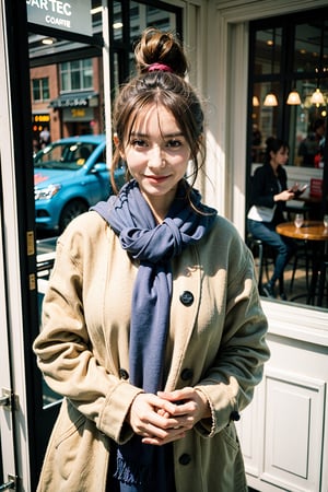 best quality, masterpiece, (photorealistic:1.4), 1girl, hairbun, long_sleeve, hoodie, coat, cold, scarf, skirts,outdoor, cafe, (happy:0.88), 