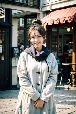 best quality, masterpiece, (photorealistic:1.4), 1girl, hairbun, long_sleeve, hoodie, coat, cold, scarf, skirts,outdoor, cafe, (happy:0.88), 