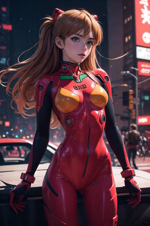 8k, masterpiece, best quality, realistic, sharp focus, cinematic lighting, extremely detailed, epic, dawn, girl, Asuka Langley Sohryu, red, tight suit, edgy, sexy, urban, (red leon lighting background), chest open, deep-V chest, techwear, outfit