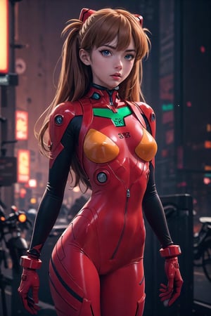 8k, masterpiece, best quality, realistic, sharp focus, cinematic lighting, extremely detailed, epic, dawn, girl, Asuka Langley Sohryu, red, tight suit, edgy, sexy, urban, (red leon lighting background), chest open, deep-V chest, techwear, outfit