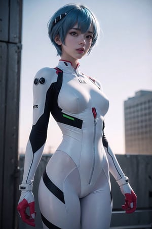 8k, masterpiece, best quality, realistic, sharp focus, cinematic lighting, extremely detailed, epic, dawn, girl, rei ayanami, light blue bob hair, white, tight suit, edgy, sexy, urban, (red leon lighting background), chest open, deep-V chest, techwear, outfit,