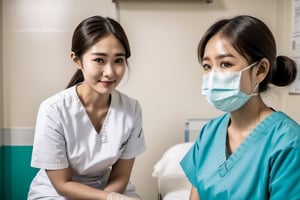 Asian face nurse, young and pretty, looking at the weak patient with a gentle smile, the patient is connected to the respirator, looking at the nurse gratefully, the scene is a somewhat old hospital