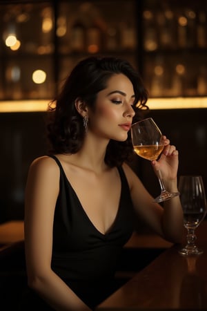 cinematic,hyper-detailed photograph,sharp focus photo,

An elegant woman is seated at a dimly lit bar, holding a brandy glass delicately to her lips as she takes a sip. She has a calm, refined expression on her face, exuding sophistication. The warm amber glow of the bar lights reflects off the smooth glass and the rich, golden liquid inside. She is wearing a sleek, form-fitting black dress, with subtle jewelry that complements her classy appearance. The background is a cozy, upscale bar with polished wooden counters and rows of gleaming bottles on display.

high contrast photograph,SKP-highly detailed