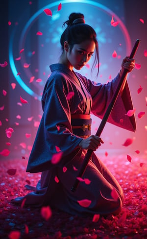 cinematic,hyper-detailed photograph,sharp focus photo,
Create a bust-up image of a woman wearing a finely detailed kimono with intricate patterns, gripping a long sword in her hands. Her expression is strong and determined. Surrounding her are countless flower petals, swirling in the air, creating a cinematic, sci-fi atmosphere. The lighting should be dramatic, with vibrant neon hues highlighting the futuristic elements of the scene, as if she’s in the midst of an epic moment in a science fiction movie.

high contrast photograph,SKP-highly detailed