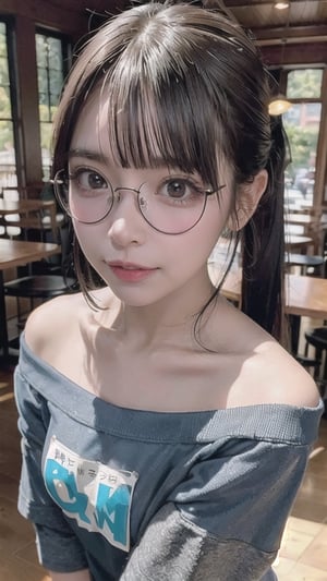 (masterpiece), 1girl, ecstasy_face, brown eyes,  coffee house, ,ion___chu___, round_eyewear,off-shoulder_shirt, ponytail, 