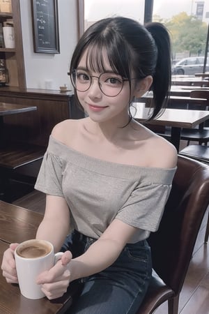 (masterpiece), 1girl,  brown eyes, sitting, coffee house,coffee cup, ion___chu___, round_eyewear, Happy_face,off-shoulder_shirt, ponytail, short hair, teardrop-framed_glasses, 