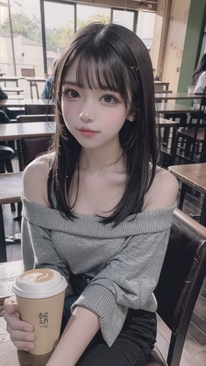 (masterpiece), 1girl, long brown hair, brown eyes, off shoulder, sitting, coffee house, coffee cup,ion___chu___