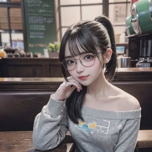 (masterpiece), 1girl,  brown eyes, sitting, coffee house, round_eyewear, Happy_face,off-shoulder_shirt, ponytail, short hair, teardrop-framed_glasses, 커피잔, 