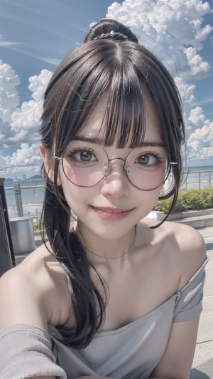 1girl, smiling_face, pouting, off-shoulder_shirt, round_eyewear, ponytail, ion___chu___, background_sky, 