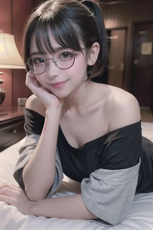 (masterpiece), 1girl, brown eyes, smiling_face, lying, bedroom, ion___chu___, round_eyewear, Shameful_face, ponytail, short hair, teardrop-framed_glasses, off-shoulder_shirt, 