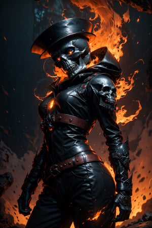 one woman, ((evil skull head with sharp teeth)), fire-around, rocks, ruins, red-eyes, eyes-glowing, top hat, rain-fire, fire around her, epic anime art, thin waist, beautiful figure, wide hips, sexy, teen, belts, holster, crop top, (best quality, ultra quality), detailed face, detailed eyes, cute eyes, perfect lighting, HD, 8k, glossy skin, masterpiece, digital art, intricate details, highly detailed, volumetric lighting, background detiled, ue5, unreal engine 5, artstation, trending on artstation, post processing, line art, tiny details, colorful detailed illustration, outer_space 1960s, cinematic, multiple light sources, sunset,r1ge,Mecha warrior, aoe2