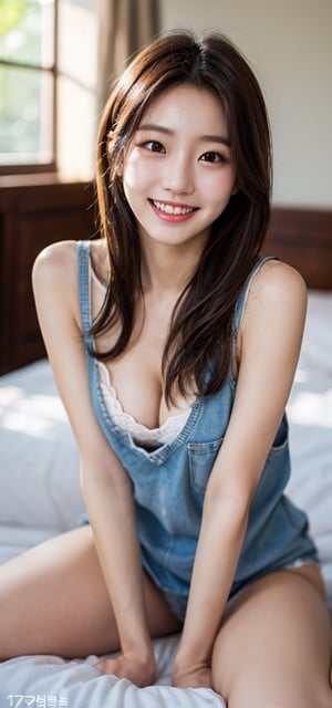 photorealistic,masterpiece,best quality,raw photo,1 beautiful girl,17-19 years old,smiling with visible perfect teeth,detailed beautiful eyes and face,full_body,medium breasts,Korean,torn_light-brown medium-length hair,realistic detailed skin texture,cleavage,bedroom,natural sunlight,depth of fields,sharp-focus,hyelin,iu,iulorashy,blurry_light_background, all nude