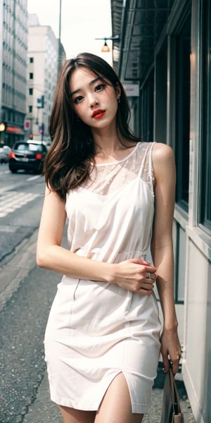 photorealistic:1.37, masterpiece, best quality, raw photo,  uhd, 1girl,  long hair, brown hair, seductive, white dress,secretary outfit, model pose, looking at viewer, on street, intricate detail, detailed background, detailed skin, pore, highres, hdr, all nude