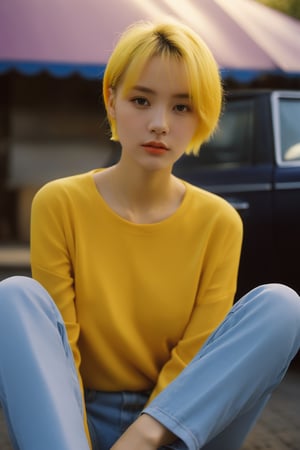 xxmixgirl, 1girl detailed, surreal gradient contemporary, nature, photography, photography-color, portraits, street-art, short_hair, yellow_hair, naked, no_clothes, urban-life, vibrant (lofi, analog, kodak film) Marta Bevacqua