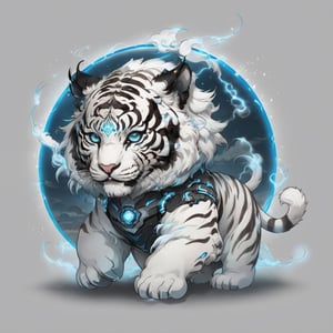 a white tiger, centered, ((solo)), digital art, full body, | cute of  venchile, science fiction, no humans, grey background, vehicle focus , chibi, black and blue sky futuristic, neon lights, | (white background:1.2), simple background, | (symetrical), glowing eyes, ((text " TA" on wall everywhere)),zj,mythical clouds