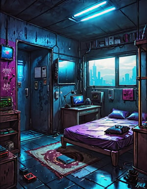 Scene of Cyberpunk Bedroom, 4k, Ultra Realistic, Ultra Detailed,jyutaku,reinopool,DonMR3mn4ntsXL ,dripping paint,ZilleAI,90_mtv,science fiction