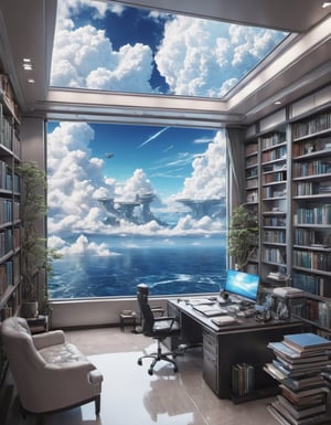 Scene of Elegant study room, 4k, Ultra Realistic,Ultra, Sea view, 
,science fiction,bl3uprint,jyutaku,mythical clouds,Leonardo Style, illustration,Vogue,ink scenery, japan,reinopool,DonMR0s30rd3rXL 
