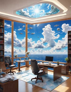 Scene of Elegant study room, 4k, Ultra Realistic,Ultra, Sea view, 
,science fiction,bl3uprint,jyutaku,mythical clouds