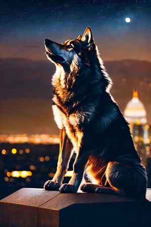 A wolf, face sideways, sitting on the top of a roof, overlooking the city,  in the night, 