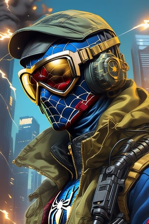 Detailed portrait of a Spider-Man, army glases, amry outfit with gold tint, Realistic smoke, very detailed, pop art,aesthetic portrait, best details,photo r3al,beautymix,biopunk style,cyberpunk style,mecha,EpicSky
