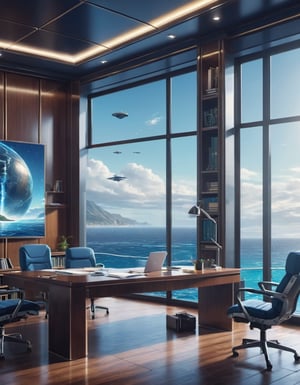 Scene of Elegant study room, 4k, Ultra Realistic,Ultra, Sea view, 
,science fiction,bl3uprint