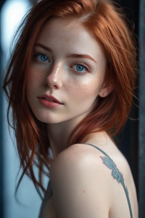 photorealistic, raw photo, best quality, ultra detailed, masterpiece, 1girl, naked topless, crimson red hair head,passionate,adorable shy young girl, petite skinny flat chested, alluring face with a few freckles,realistic soft blue grey eyes partially open,detailed skin, pores, tattoos,detailed background,inticate detailed, depth of field, full body framing from very low angle, backlit, smoky haze,  delightful, perfect, glamorous, dazzling, alluring, astonishing, dreamlike, marvelous, magnificent, irresistible, appealing, captivating, inviting, radiant, nudity, (lora:Detail_Tweaker:1.2),Leonardo Style,photo r3al , hourglass body shape , Whole body,photo r3al