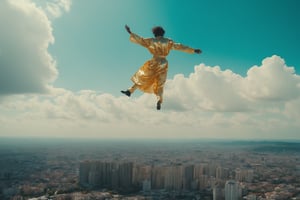 ake a picture of a shining person float in the air high over the small city, cloud, wide shot, Hyper-detailled, 32k, Super High definition, Vibrant Colors, Soft focus, Ultra Smooth,Soft natural look, Full shot, art by Lenkaizm, photorealistic, realism, movie still, film still, cinematic shot, dreamwave, aesthetic,photo r3al