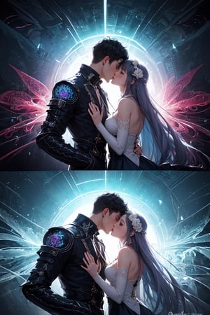 (Masterpiece, Top Quality, Best Quality, Official Art, Beauty:1.2), (1girl and 1boy), Kissing each other, Extremely Fine, (Fractal Art:1.3), Colourful, Extremely Fine, Sexy, Love, Beauty, Fantasy