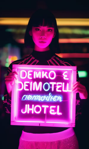 xxmixgirl, a young white brunette oriental woman holding a neon sign that says "Demohotel", realistic, film costume photo, film pastel lighting, 80s neon film stills, tight jumper