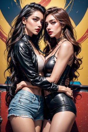 Against the backdrop of a vintage poster, 2 young women in leather jackets embrace each other in an intimate, kissing embrace, over a lace bustier dress and under ripped denim shorts, capturing the rock 'n' roll vibe of the 1980's. The woman's hair is styled in a soft mane and her make-up features a swoopy eyeliner and bold red lips. Her hair was styled into a silky mane and her make-up featured smudged eyeliner and a bold red lip. Her confident stance and edgy look embodies the rebellious glamour of the era.,High detailed 