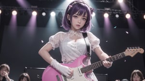 (Masterpiece), best quality, high resolution, highly detailed, detailed background, cinematic lighting, looking_at_viewer, 1girl, purple hair, medium hair, medium chest, pink eyes, idol, pink and white idol costume, under chest, stage, electric guitar, stage lighting, music, blushing, shortness of breath, sweating, concert, pink fringed gloves, super short skirt, fringe , confetti, hearts, hair accessories, hair cards, neon lights, plaid bows, plaid shirts, pointing, spotlights, sparkles, light particles, framed boobs, crossover lace,