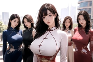 1girl, big breasts: 1.7, park background, photorealistic, super high resolution, complex, super detailed, (skin dents), cute, feminine, detailed body, depth of field, color, (face details: 1.1), (Iris Contour), (Perfect Eyes), 4K, Gorgeous, (Masterpiece: 1.2), (Best Quality: 1.2), Wide Hips, Thick Thighs, (Big Breasts: 1.7), ( (Long Hair, Bangs, Long Hair )), seductive pose, lip biting, low angle view, perfect breasts, korean , (5 girls: 1.2),realhands,((cheongsam))