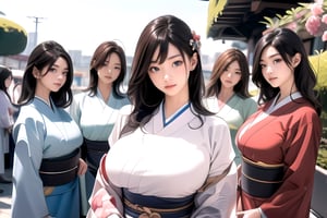 1girl, big breasts: 1.7, garden background, photorealistic, super high resolution, complex, super detailed, (skin dents), cute, feminine, detailed body, depth of field, color, (face details: 1.1), (Iris Contour), (Perfect Eyes), 4K, Gorgeous, (Masterpiece: 1.2), (Best Quality: 1.2), Wide Hips, Thick Thighs, (Big Breasts: 1.7), ( (Long Hair, Bangs, Long Hair )), seductive pose, lip biting, low angle view, perfect breasts, japanese , (5 girls: 1.2),realhands,hanbok