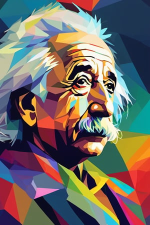 Albert Einstein close up portrait, 100% recognizable portrait, WPAP style, wehda pop art portrait, polygon portrait, vivid colors