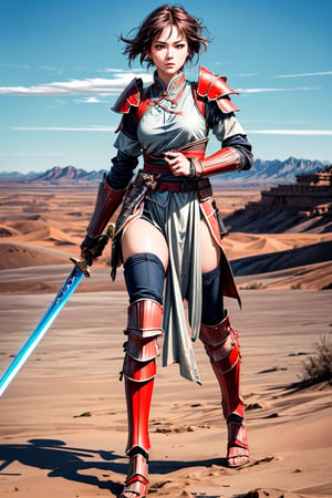 ultra high res, (masterpiece, best quality), (photorealistic:1.5), 

in a desert, (detail background: 1.3), 

1 girl jedi knight, full-body_portrait, (:1.2), 
(dynamic pose:1.1), holding a chinese sword, ready to fight, Ancient chinese heavy armor