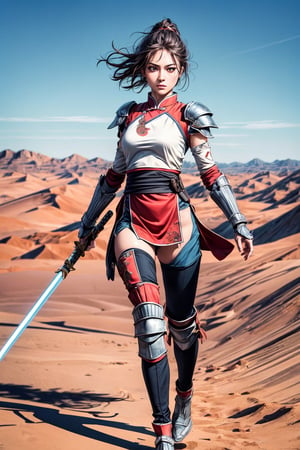 ultra high res, (masterpiece, best quality), (photorealistic:1.5), 

in a desert, (detail background: 1.3), 

1 girl jedi knight, full-body_portrait, (:1.2), 
(dynamic pose:1.1), holding a chinese sword, ready to fight, Ancient chinese armor