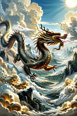 Majestic scene of 'The dragon soars in the sky' from the I Ching, magnificent golden dragon, detailed and vibrant, soaring above clouds, symbolizing apex of achievement, elegant winding body, strength and grace, awe-inspiring backdrop of clear blue sky and fluffy white clouds, highlighting ascendant position and celebrated status, by FuturEvoLab, (Masterpiece, Best Quality, 8k:1.2), (Ultra-Detailed, Highres, Extremely Detailed, Absurdres, Incredibly Absurdres, Huge Filesize:1.1), vivid colors, dynamic composition