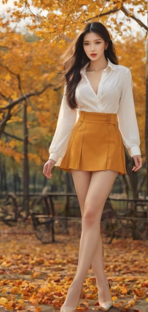 Make a Woman Enjoy Fall Outside, Beautiful Long Black Hair, Round Lips, Autumn_(Season), Fall_leaves, Vogue Face, Middle-aged Woman in Korea, Unbuttoned Shirt, Sandglass Body, High Heels, One Girl, Surreal, Super Resolution, Best Quality, Masterpiece, Deep Realism, Realistic, Realistic, Female Hero in Adult Movies, Smooth Skin, Smooth and Beautiful Face, Graceful and Delicate Face, Expression in Sexual Pleasure, Kind, Wise and Long Hair, Flamboyant and Artful Color Palette, Color Grid, Very Delicate Lighting, Full Body, Golden Sky with Good Clouds, Image Size 9:16, 3d Lender, Long Leg, nude legs, beautiful legs, 168cm tall, and right shoes should also be worn in the same high heels as left shoes. You have to wear the same style of shoes, showing the breast bone, b cup chest size, a lot of exercise thighs,  tight black skirt, 20cm high heels