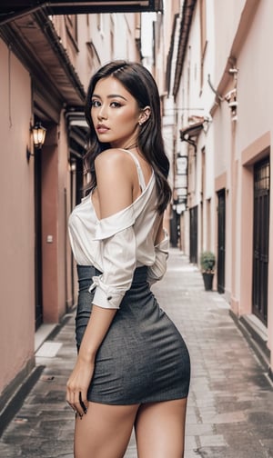 ((One shoulder showing the back of the battlefield), ((168 cm tall, not skinny, between the thighs, pussy), an alley with many offices, a beautiful, middle-aged woman, long black wavy hair, light makeup, black eyes, high heels on ankle legs, an aura lit by the sun, a Korean, a thigh-high white shirt, loose buttons, realistic, realistic, looking back,Miss Grand International, ,isa