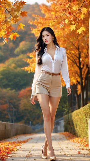 Make a Woman Enjoy Fall Outside, Beautiful Long Black Hair, Round Lips, Autumn_(Season), Fall_leaves, Vogue Face, Middle-aged Woman in Korea, Unbuttoned Shirt, Sandglass Body, High Heels, One Girl, Surreal, Super Resolution, Best Quality, Masterpiece, Deep Realism, Realistic, Realistic, Female Hero in Adult Movies, Smooth Skin, Smooth and Beautiful Face, Graceful and Delicate Face, Glorious and Artistic Color Palette, Color Grid, Very Delicate Lighting, Full Body, Golden Sky with Good Clouds, Image Size 9:16, 3d Lender, Long Leg, Nude Legs, beautiful legs, 168 centimeters tall, and right shoes should also wear the same high heels as left shoes. You should wear the same style of shoes, b cup chest size, coveted thighs, , 20cm high heels,photo r3al,detailmaster2,  high detailed, nature background, photo realistic, high quality, semi_nude, slightly visible chest