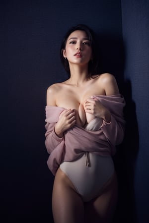 50 years old,Cinematic Photography of a sexy beautiful korean female, angelic baby face, Leica lens, window, white theme , (((off shoulder))) sweater, cleavage, (puffy nipples:1.2), bending_over