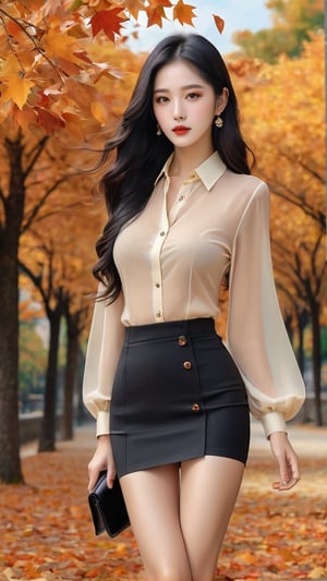 Let Women Enjoy Fall Outside, Beautiful Long Black Hair, Round Lips, Autumn_ (Season), Autumn_Leaf, Vogue Face, Old Lady in Korea, Buttonless Shirt, Sandglass Body, High Heels, One Girl, Surreal, Surreal, Super Resolution, Best Quality, Masterpiece, Deep Realistic, Surreal, Super Resolution, Smooth Skin, Beautiful Face, Graceful and Delicate Face, Glorious and Artistic Color Palette, Color Grid, Very Delicate Lighting, Full Body, Golden Sky with Good Clouds, Image Size 9:16, 3d Renter, Long Legs, Nude Legs, Beautiful Legs, 165 cm Height, Right Shoes Must Wear the same High Heels as Left Shoes. You have the same style shoes, b cup chest size, exercise thigh, tight black skirt, 20cm height, photoral, detailmaster2, high detail, natural bag, photoreal, high quality, semi nude,