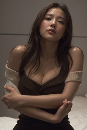 50 years old,Cinematic Photography of a sexy beautiful korean female, angelic baby face, Leica lens, window, white theme , (((off shoulder))) sweater, cleavage, (puffy nipples:1.2), bending_over